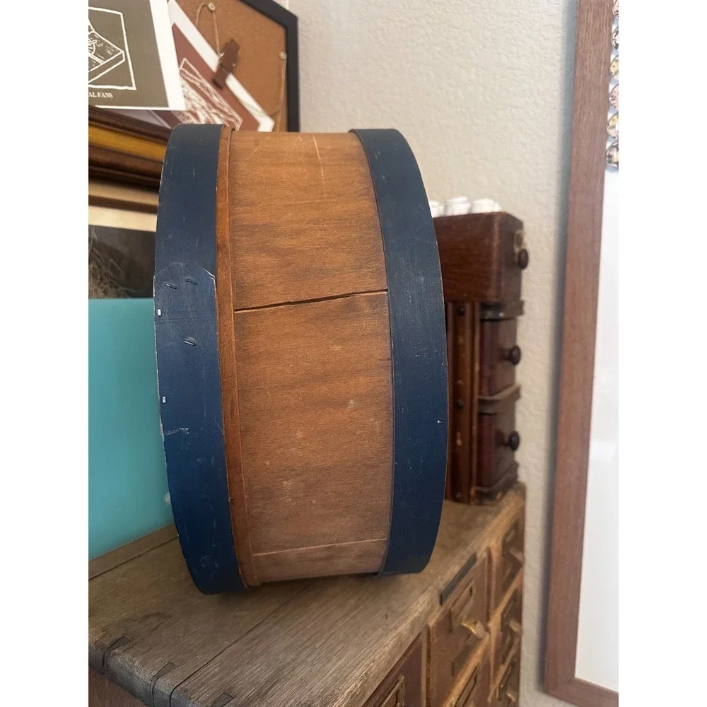 Vtg Hand Painted Wooden Cheese Box FolkArt Americana Primitive Village Scene Lid